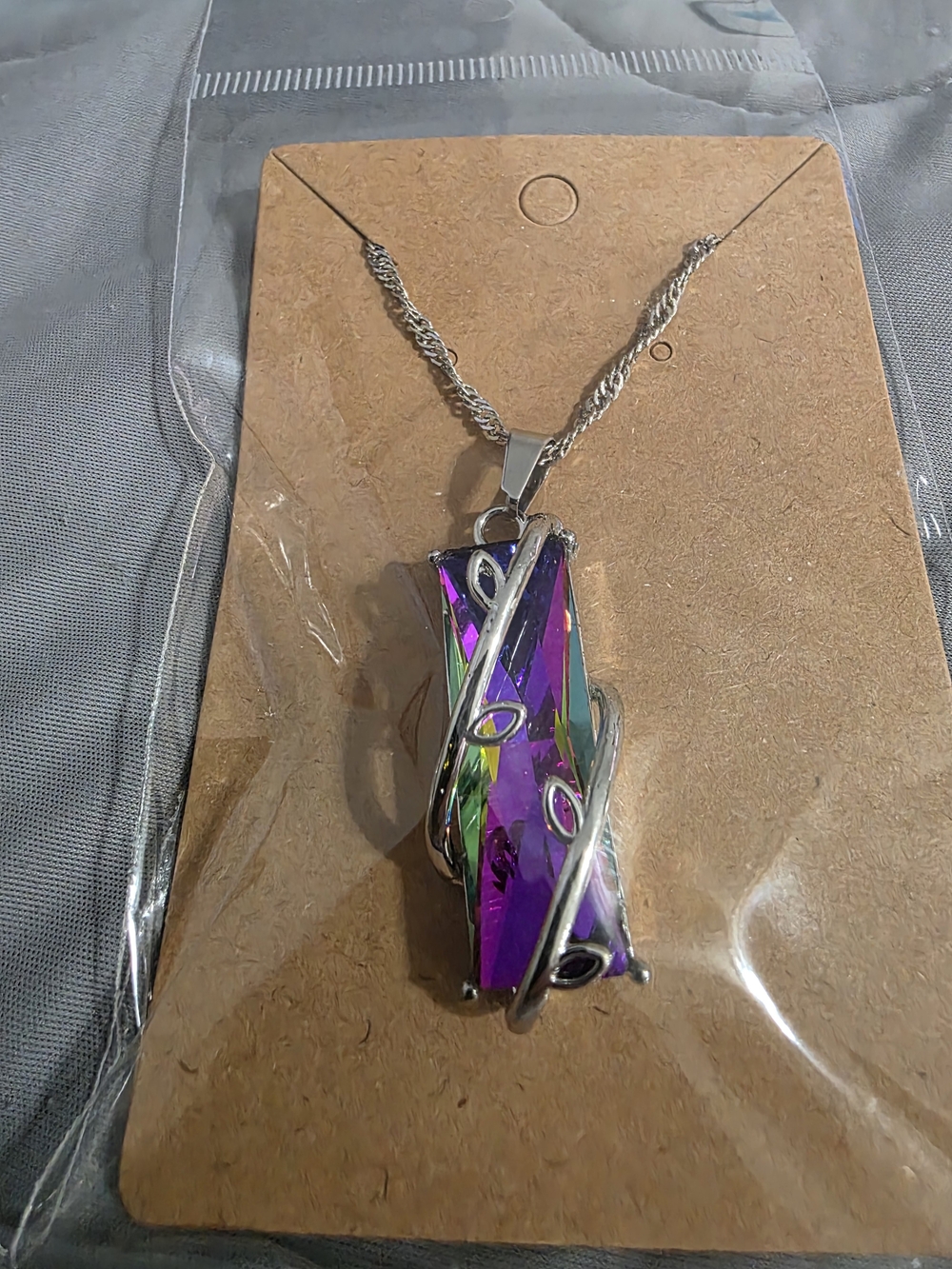 Silver Multicolor Iridescent Pendant Necklace - Fashion Jewelry